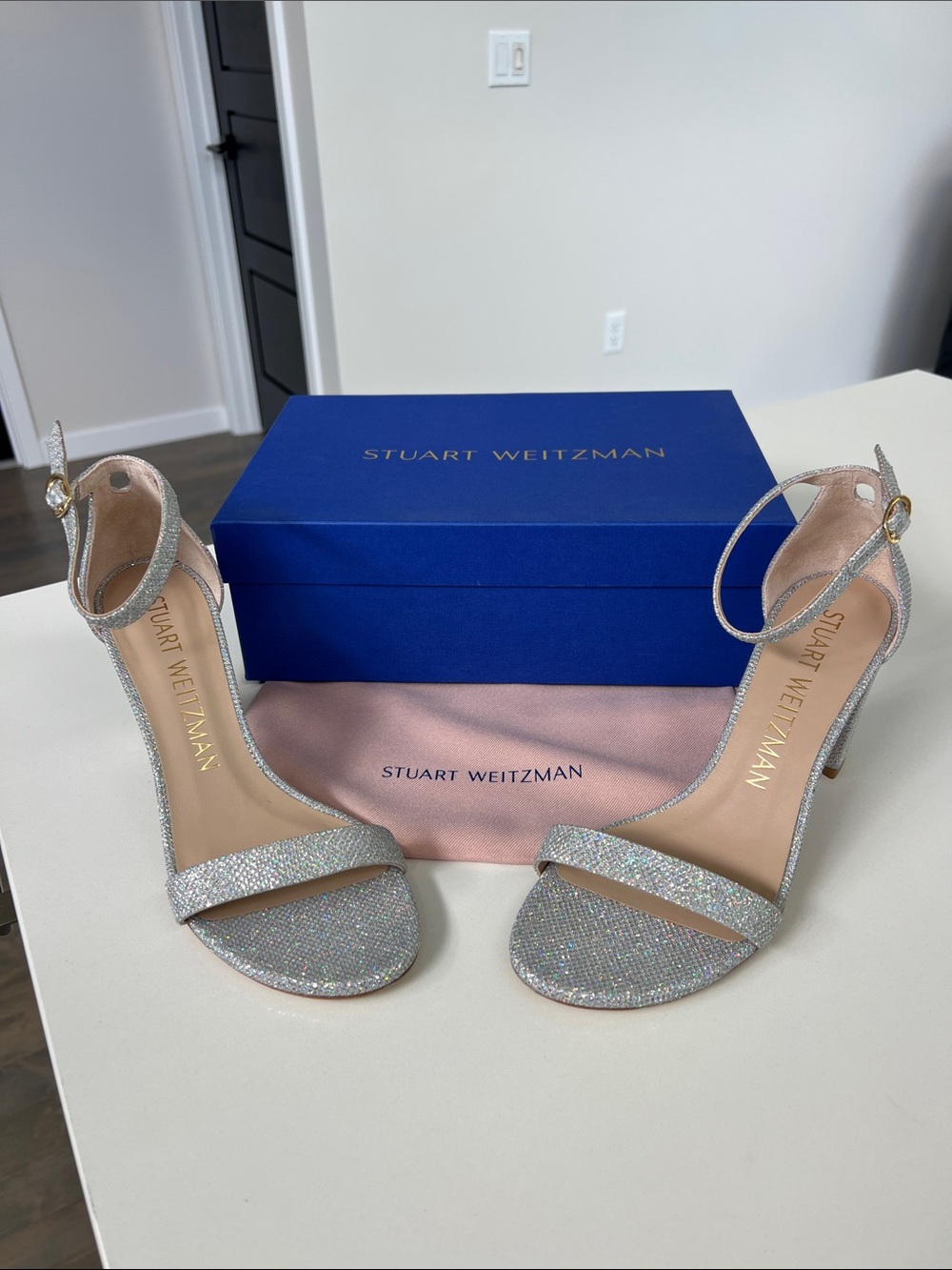 Stuart Weitzman nearlynude silver metallic sparkly crystal open toe sandals heel